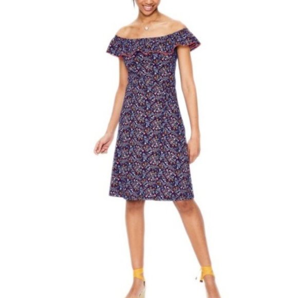 BODEN Dress Bethany Off-Shoulder Blue Red Floral Knit Sz 4 Ties at Waist - Picture 1 of 6